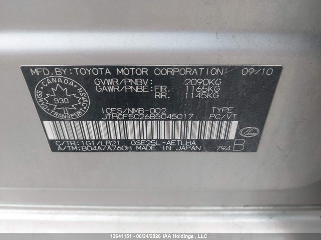 12641151 :رقم المزاد ، JTHCF5C26B5045017 vin ، 2011 Lexus Is 250 مزاد بيع