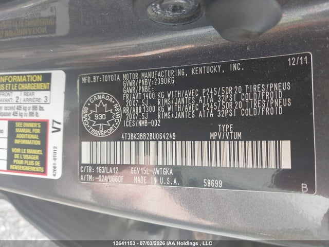 2011 Toyota Venza მანქანა იყიდება აუქციონზე, vin: 4T3BK3BB2BU064249, აუქციონის ნომერი: 12641153