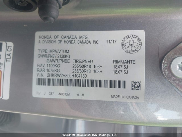 2018 Honda Cr-v Exl მანქანა იყიდება აუქციონზე, vin: 2HKRW2H89JH104180, აუქციონის ნომერი: 12641159