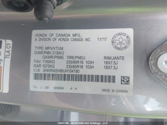 2018 Honda Cr-v Exl მანქანა იყიდება აუქციონზე, vin: 2HKRW2H89JH104180, აუქციონის ნომერი: 12641159