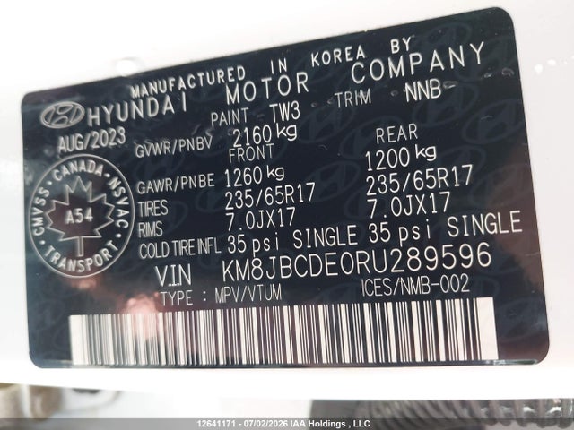Aukcja sprzedaży 2024 Hyundai Tucson Sel, vin: KM8JBCDE0RU289596, numer aukcji: 12641171