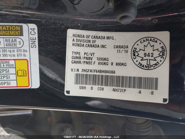 Продаж на аукціоні авто 2011 Honda Civic, vin: 2HGFA1F64BH004366, номер лоту: 12641177