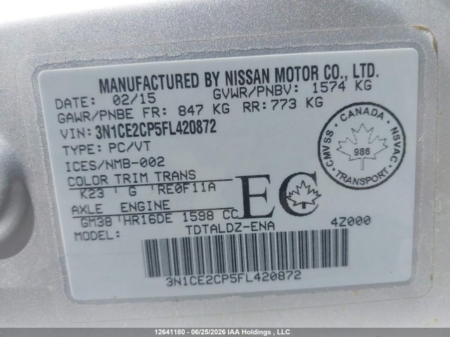 Nissan Versa Note S/s Plus/sv/sl/sr 2015 3N1CE2CP5FL420872 Image 18