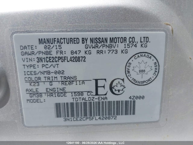 Nissan Versa Note S/s Plus/sv/sl/sr 2015 3N1CE2CP5FL420872 Image 9