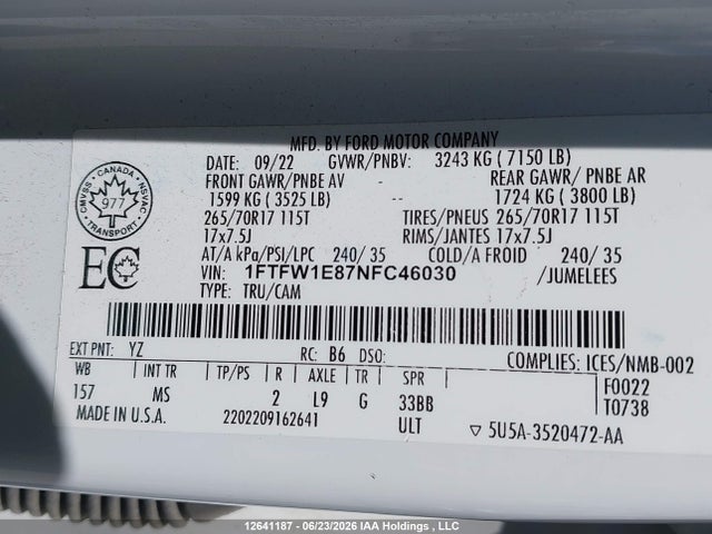 2022 Ford F150 Supercrew მანქანა იყიდება აუქციონზე, vin: 1FTFW1E87NFC46030, აუქციონის ნომერი: 12641187
