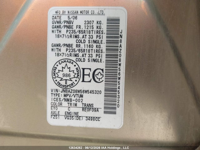 Aukcja sprzedaży 2006 Nissan Murano Se, vin: JN8AZ08W56W545320, numer aukcji: 12634262