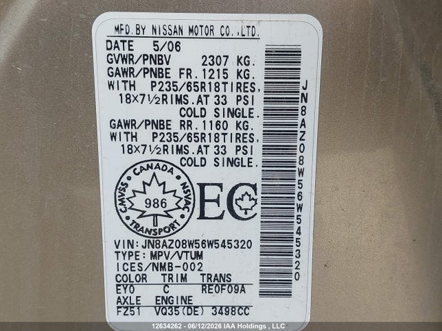 Aukcja sprzedaży 2006 Nissan Murano Se, vin: JN8AZ08W56W545320, numer aukcji: 12634262