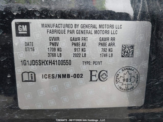 Продаж на аукціоні авто 2017 Chevrolet Sonic Lt Auto, vin: 1G1JD5SHXH4100550, номер лоту: 12636472