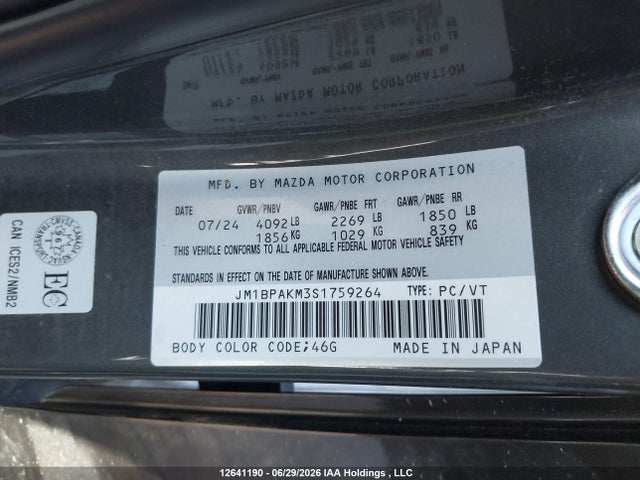 12641190 :رقم المزاد ، JM1BPAKM3S1759264 vin ، 2025 Mazda Mazda3 Sport Gx مزاد بيع