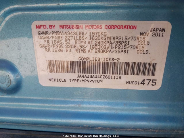 2012 Mitsubishi Rvr Se მანქანა იყიდება აუქციონზე, vin: JA4AJ3AU4CZ601118, აუქციონის ნომერი: 12637414
