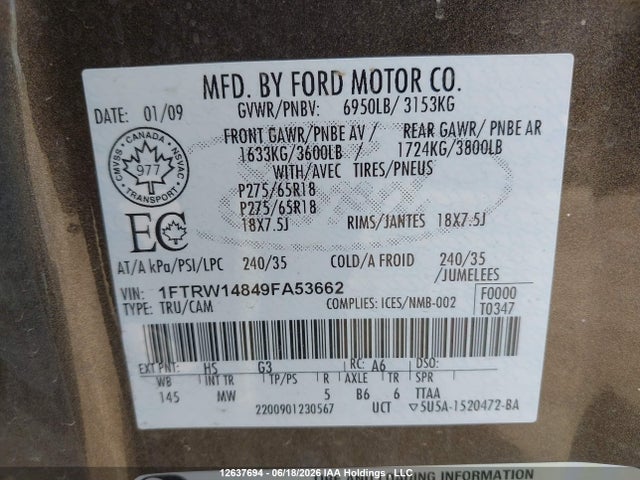 12637694 :رقم المزاد ، 1FTRW14849FA53662 vin ، 2009 Ford F-150 Xlt مزاد بيع