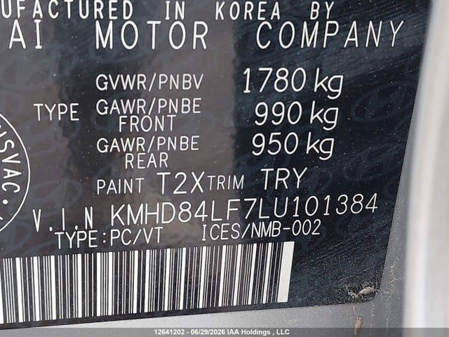 12641202 :رقم المزاد ، KMHD84LF7LU101384 vin ، 2020 Hyundai Elantra Sel/value/limited مزاد بيع