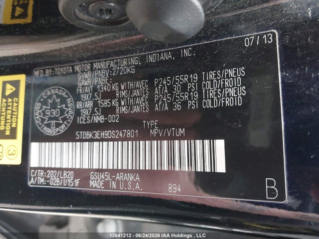 2013 Toyota Highlander მანქანა იყიდება აუქციონზე, vin: 5TDBK3EH9DS247801, აუქციონის ნომერი: 12641212