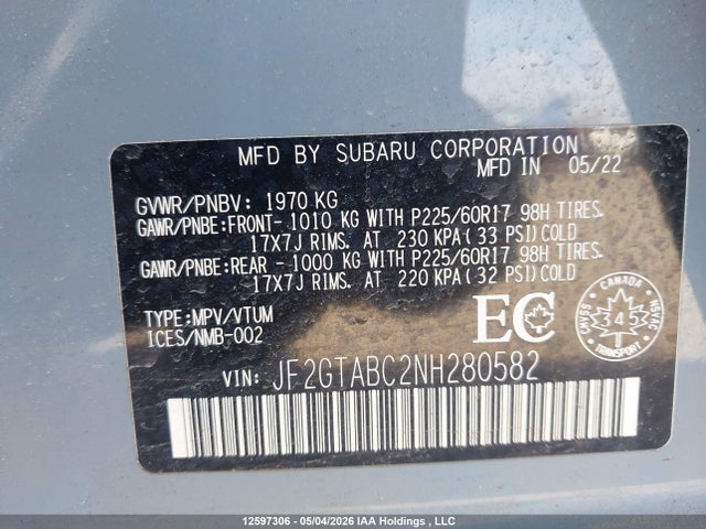 Subaru Crosstrek 2022 JF2GTABC2NH280582 Image 9