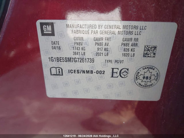 12641219 :رقم المزاد ، 1G1BE5SM7G7261739 vin ، 2016 Chevrolet Cruze Lt Auto مزاد بيع