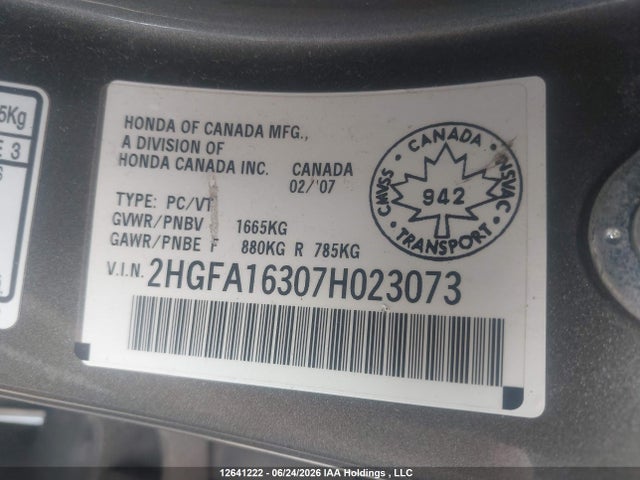 2007 Honda Civic Dx მანქანა იყიდება აუქციონზე, vin: 2HGFA16307H023073, აუქციონის ნომერი: 12641222
