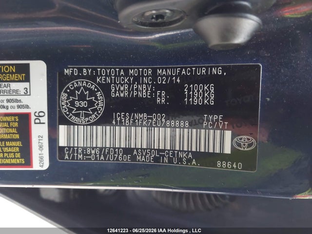 2014 Toyota Camry Le მანქანა იყიდება აუქციონზე, vin: 4T1BF1FK7EU788888, აუქციონის ნომერი: 12641223