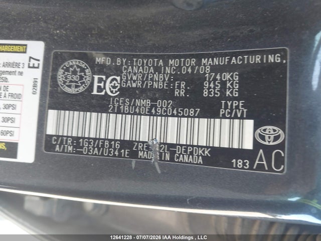 Продаж на аукціоні авто 2009 Toyota Corolla Ce, vin: 2T1BU40E49C045087, номер лоту: 12641228