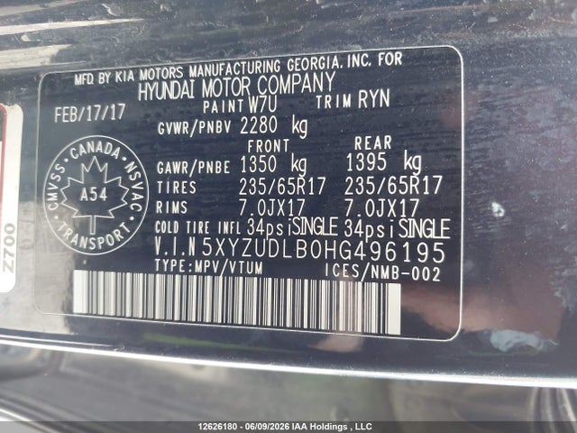 12626180 :رقم المزاد ، 5XYZUDLB0HG496195 vin ، 2017 Hyundai Santa Fe Sport 2.4 Luxury مزاد بيع