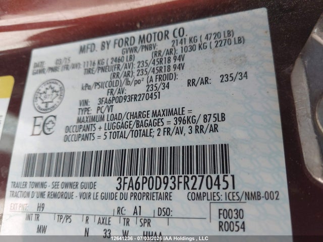 Продаж на аукціоні авто 2015 Ford Fusion Titanium, vin: 3FA6P0D93FR270451, номер лоту: 12641236