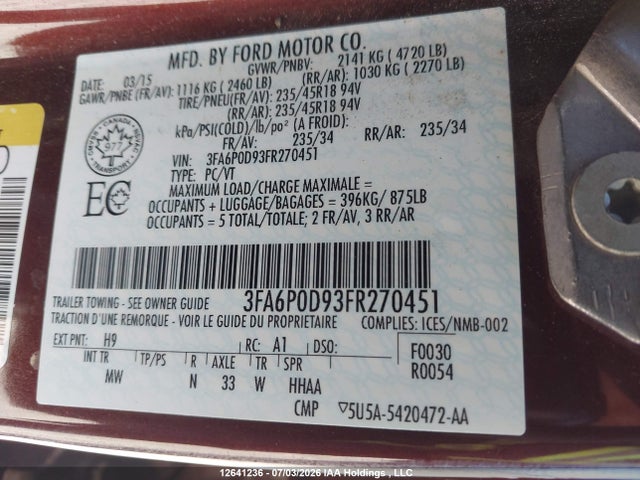 Auction sale of the 2015 Ford Fusion Titanium, vin: 3FA6P0D93FR270451, lot number: 12641236