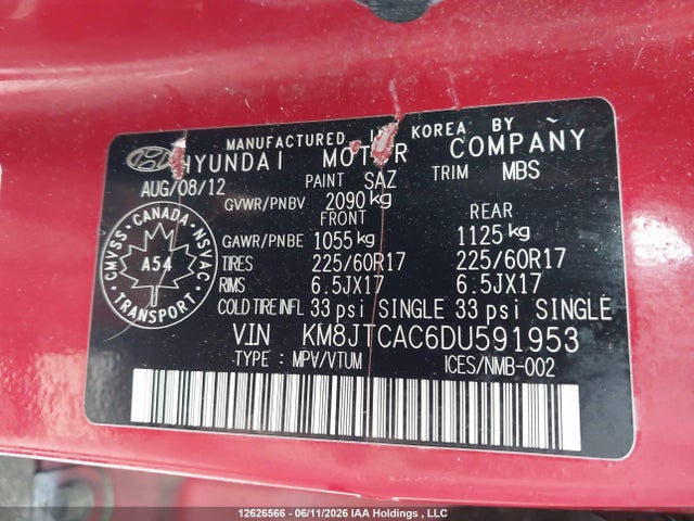 Продаж на аукціоні авто 2013 Hyundai Tucson Premium, vin: KM8JTCAC6DU591953, номер лоту: 12626566