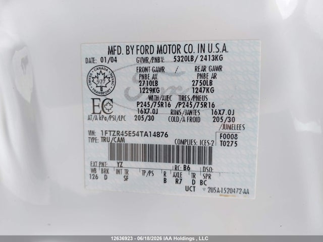 Продаж на аукціоні авто 2004 Ford Ranger Edge/tremor/xlt, vin: 1FTZR45E54TA14876, номер лоту: 12636923
