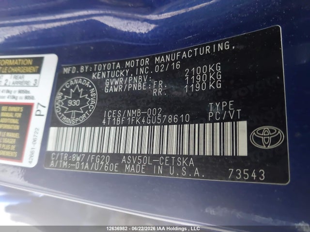 4T1BF1FK4GU578610 Toyota CAMRY SE