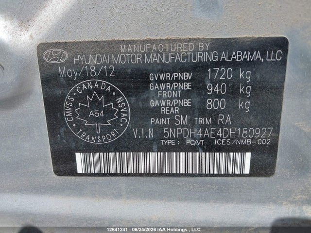 2013 Hyundai Elantra Gls/limited მანქანა იყიდება აუქციონზე, vin: 5NPDH4AE4DH180927, აუქციონის ნომერი: 12641241