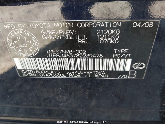 Auction sale of the 2008 Lexus Es 350 350, vin: JTHBJ46G782239478, lot number: 12641251