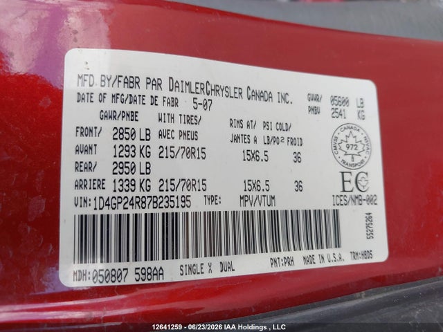 12641259 :رقم المزاد ، 1D4GP24R87B235195 vin ، 2007 Dodge Grand Caravan مزاد بيع