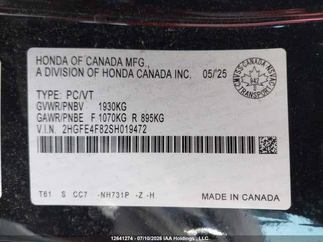 2025 Honda Civic Sport/sport Touring მანქანა იყიდება აუქციონზე, vin: 2HGFE4F82SH019472, აუქციონის ნომერი: 12641274