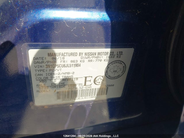 Продаж на аукціоні авто 2018 Nissan Kicks S/sr/sv, vin: 3N1CP5CU6JL511904, номер лоту: 12641284