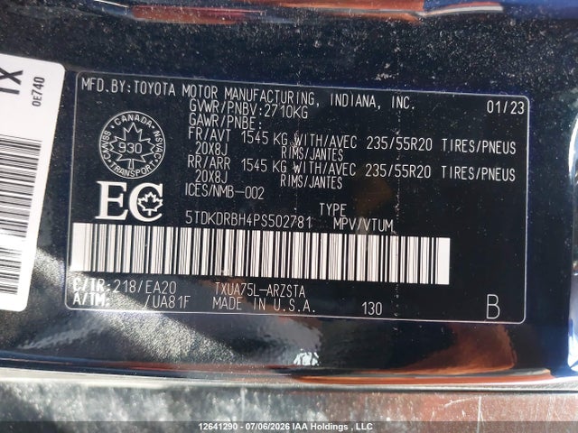 12641290 :رقم المزاد ، 5TDKDRBH4PS502781 vin ، 2023 Toyota Highlander L/le/xle/limited/platinum/xse مزاد بيع