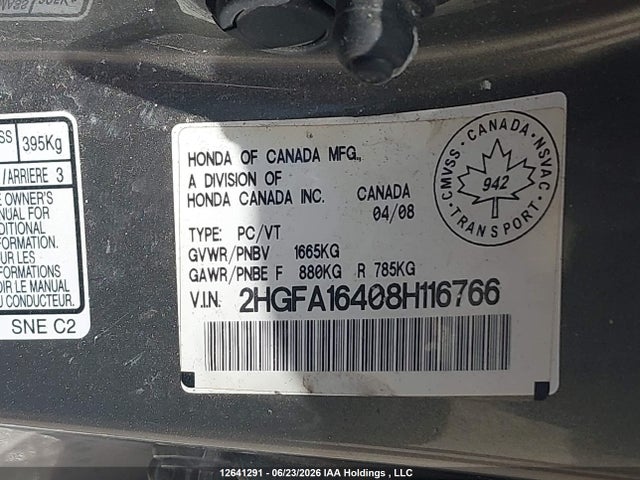 Aukcja sprzedaży 2008 Honda Civic Dx-g, vin: 2HGFA16408H116766, numer aukcji: 12641291