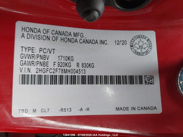2021 Honda Civic Ex მანქანა იყიდება აუქციონზე, vin: 2HGFC2F78MH004513, აუქციონის ნომერი: 12641296