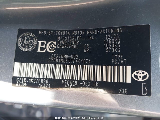 Aukcja sprzedaży 2026 Toyota Corolla, vin: 5YFB4MDE9TP401874, numer aukcji: 12641320