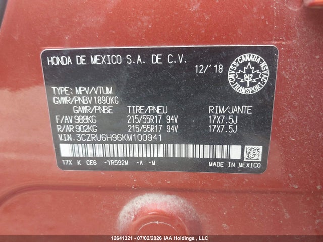 12641321 :رقم المزاد ، 3CZRU6H96KM100941 vin ، 2019 Honda Hr-v Touring مزاد بيع