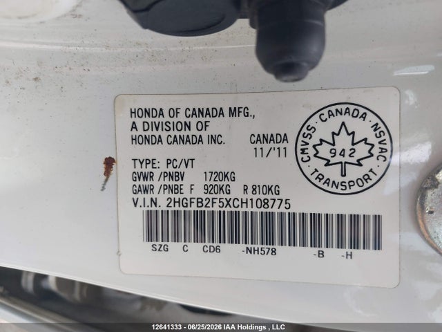 2012 Honda Civic Ex მანქანა იყიდება აუქციონზე, vin: 2HGFB2F5XCH108775, აუქციონის ნომერი: 12641333