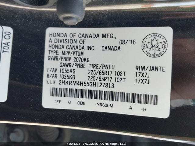 Продаж на аукціоні авто 2016 Honda Cr-v Ex, vin: 2HKRM4H55GH127813, номер лоту: 12641338