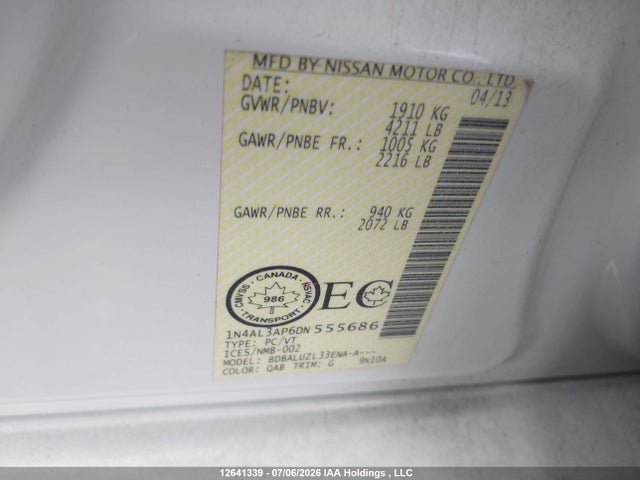 12641339 :رقم المزاد ، 1N4AL3AP6DN555686 vin ، 2013 Nissan Altima 2.5/s/sv/sl مزاد بيع