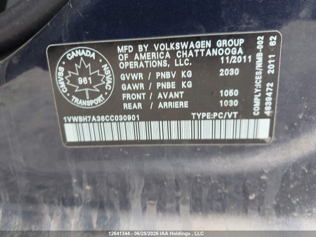 2012 Volkswagen Passat მანქანა იყიდება აუქციონზე, vin: 1VWBH7A36CC030901, აუქციონის ნომერი: 12641344