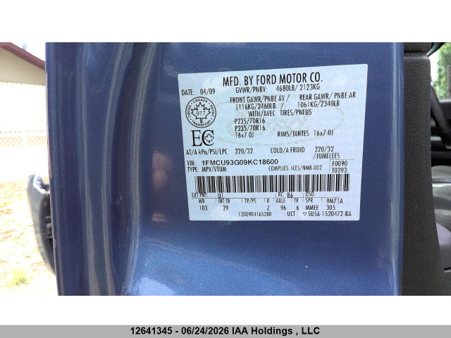 12641345 :رقم المزاد ، 1FMCU93G09KC18600 vin ، 2009 Ford Escape Xlt Automatic مزاد بيع