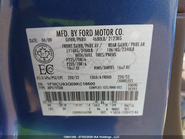 12641345 :رقم المزاد ، 1FMCU93G09KC18600 vin ، 2009 Ford Escape Xlt Automatic مزاد بيع