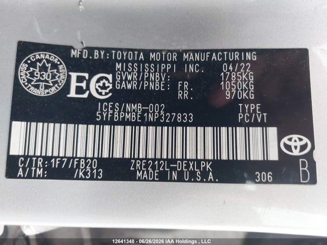 5YFBPMBE1NP327833 Toyota Corolla