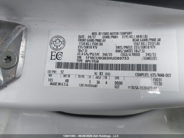 2017 Ford Escape Se მანქანა იყიდება აუქციონზე, vin: 1FMCU9G93HUD69753, აუქციონის ნომერი: 12641363
