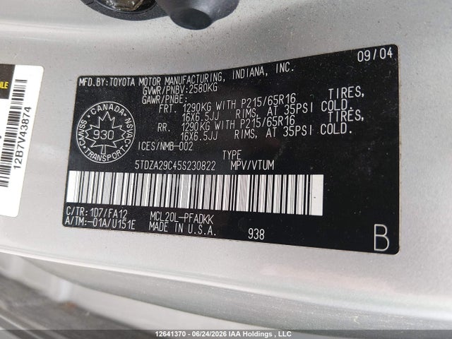 Продажа на аукционе авто 2005 Toyota Sienna, vin: 5TDZA29C45S230822, номер лота: 12641370