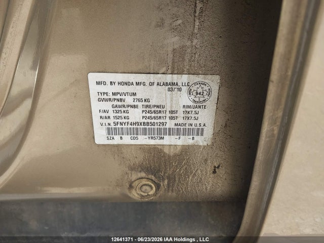 Продажа на аукционе авто 2011 Honda Pilot Touring, vin: 5FNYF4H9XBB501297, номер лота: 12641371