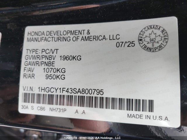 2025 Honda Accord Se მანქანა იყიდება აუქციონზე, vin: 1HGCY1F43SA800795, აუქციონის ნომერი: 12641374