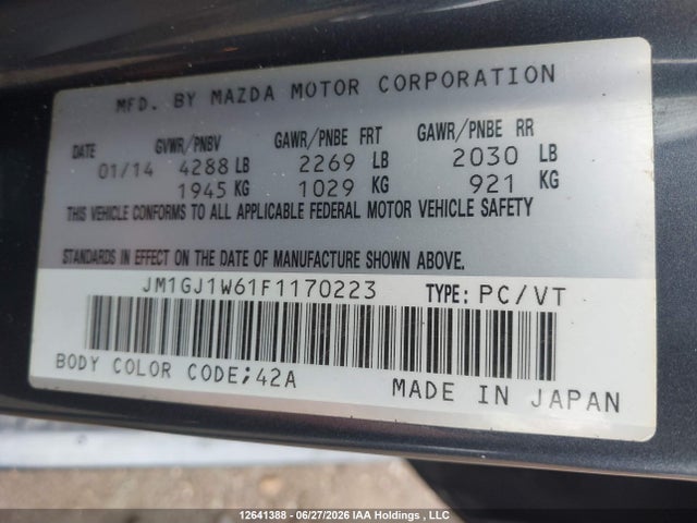 12641388 :رقم المزاد ، JM1GJ1W61F1170223 vin ، 2015 Mazda Mazda6 Gt مزاد بيع